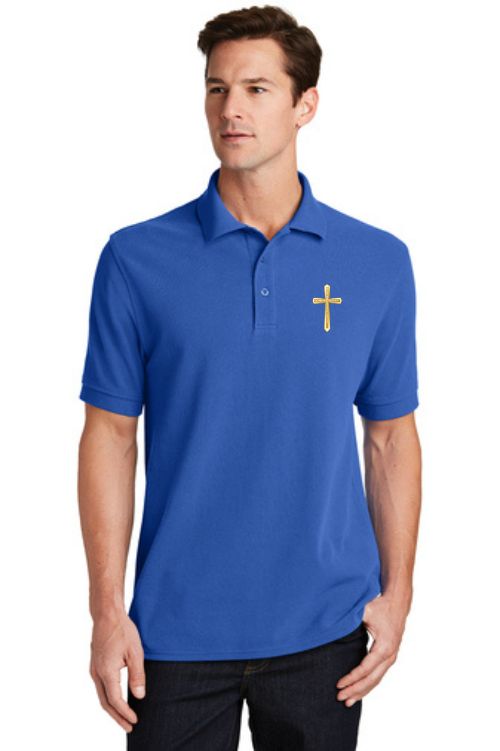 Clergy apparel polo shirt 100% cotton with gold cross embroidery.  Sold by The Clergy Store