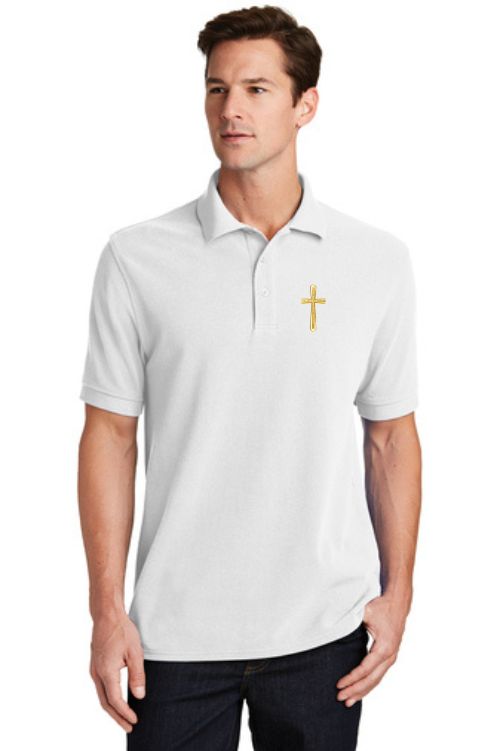 Clergy apparel polo shirt 100% cotton with gold cross embroidery.  Sold by The Clergy Store