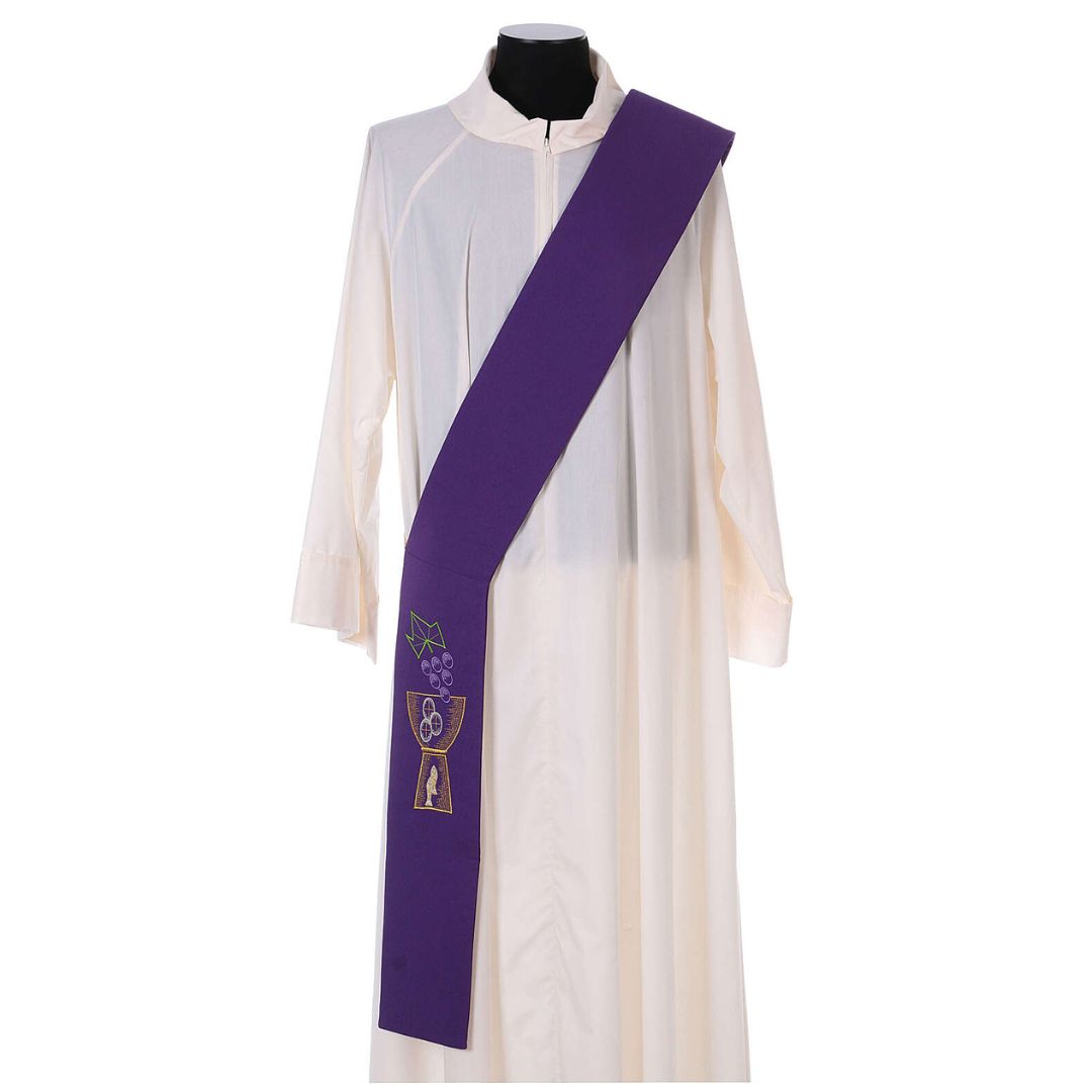 Deacon stole with chalice grapes hosts and fish design on purple. Made in Italy and sold by The Clergy Store