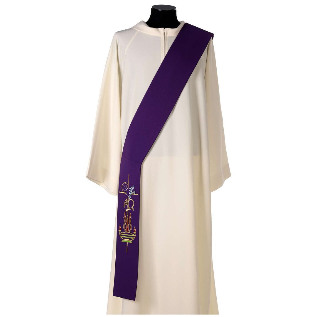 Deacon stole with Alpha & Omega design on purple. Made in Italy and sold by The Clergy Store