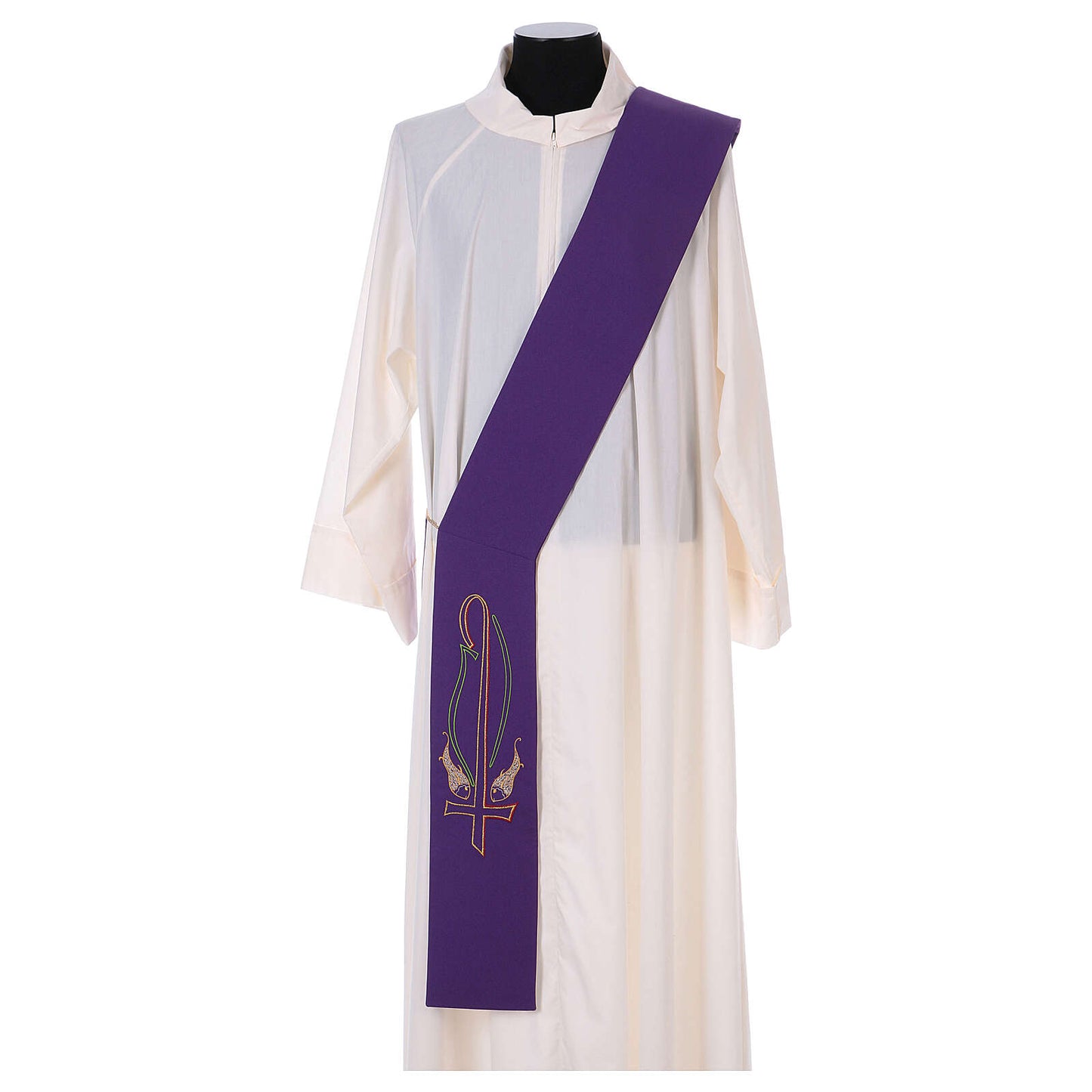 Deacon stole with cross and fish design on purple. Made in Italy and sold by The Clergy Store