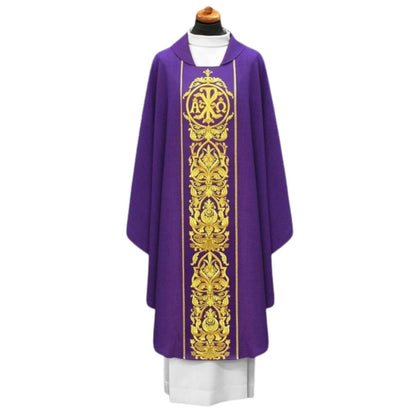 Chasuble with chi rho and alpha omega Made in Poland and sold by The Clergy Store