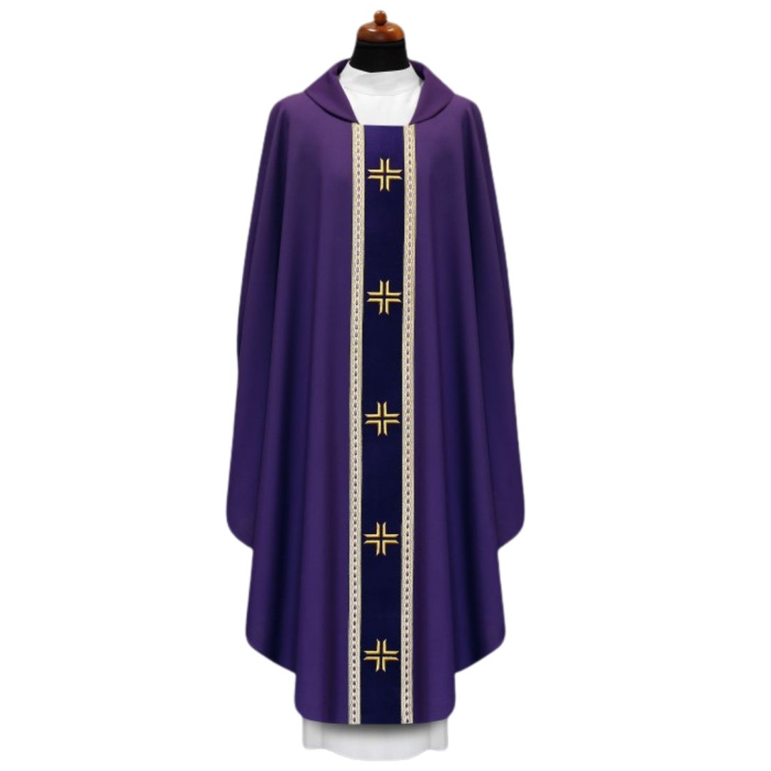 Chasuble with embroidered cross on velvet orphrey and trimmed in galloon. Made in Poland and sold by The Clergy Store