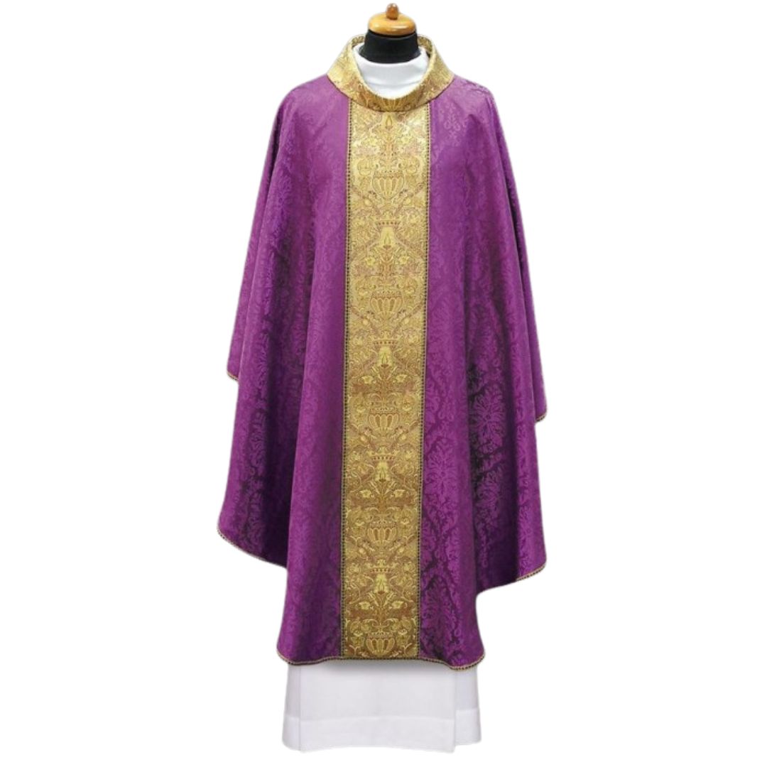 Chasuble with brocade orphrey on lightweight damask. Made in Poland and sold by The Clergy Store