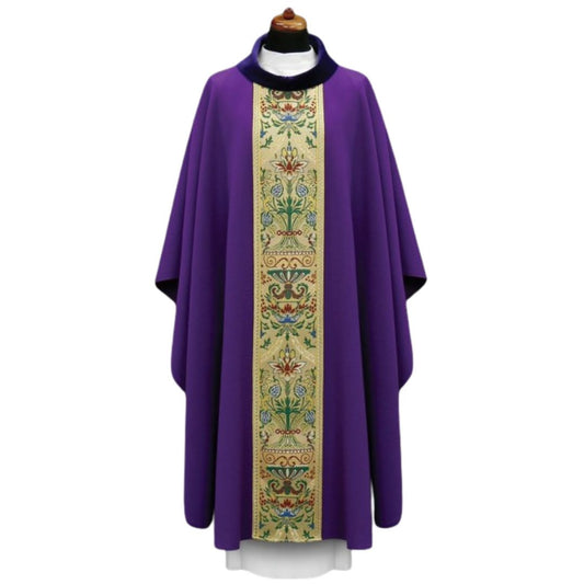 Chasuble with classic coronation orphrey. Made in Poland and sold by The Clergy Store