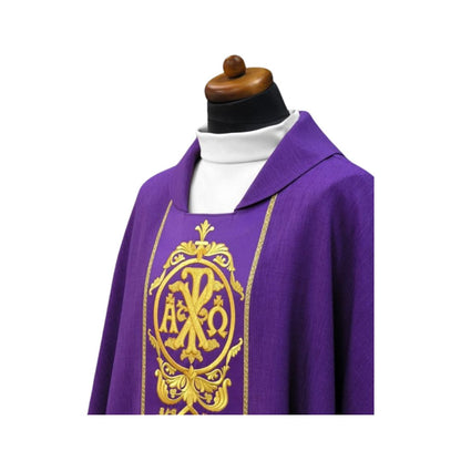 Chasuble with chi rho and alpha omega Made in Poland and sold by The Clergy Store