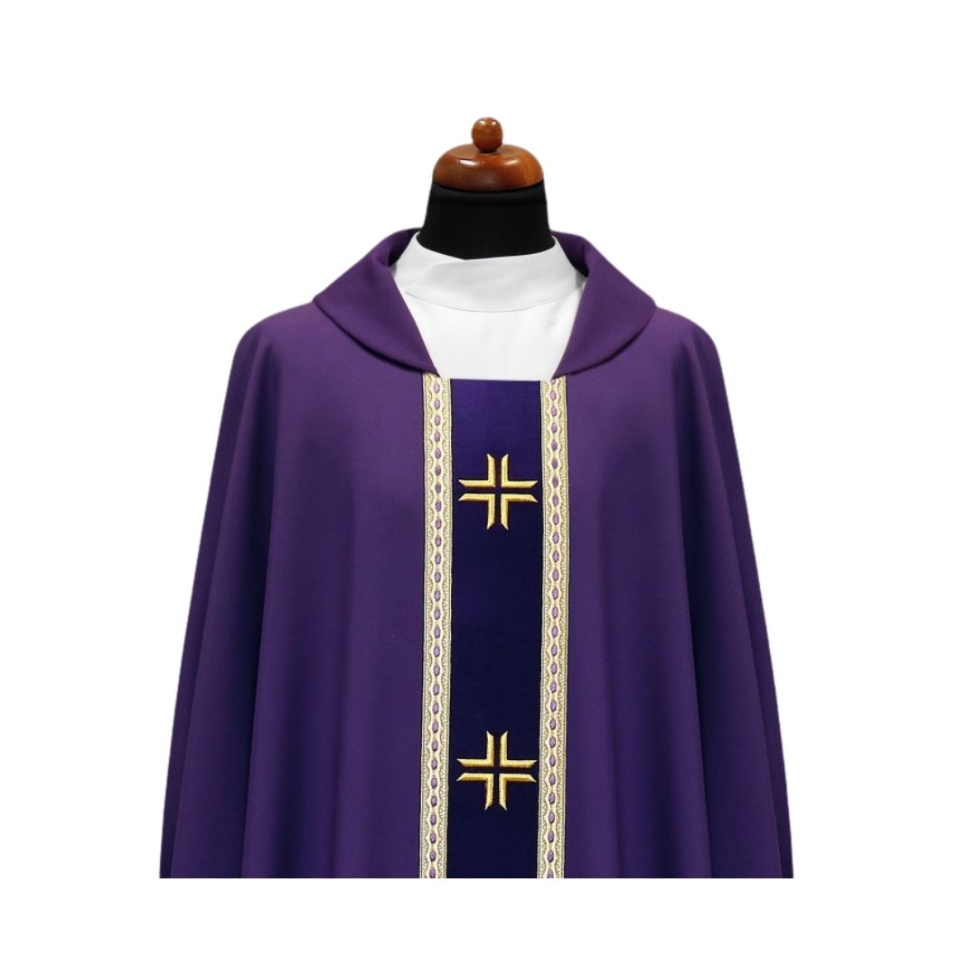 Chasuble with embroidered cross on velvet orphrey and trimmed in galloon. Made in Poland and sold by The Clergy Store