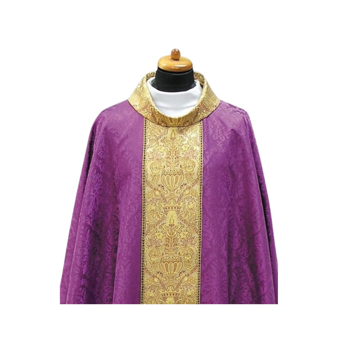 Chasuble with brocade orphrey on lightweight damask. Made in Poland and sold by The Clergy Store