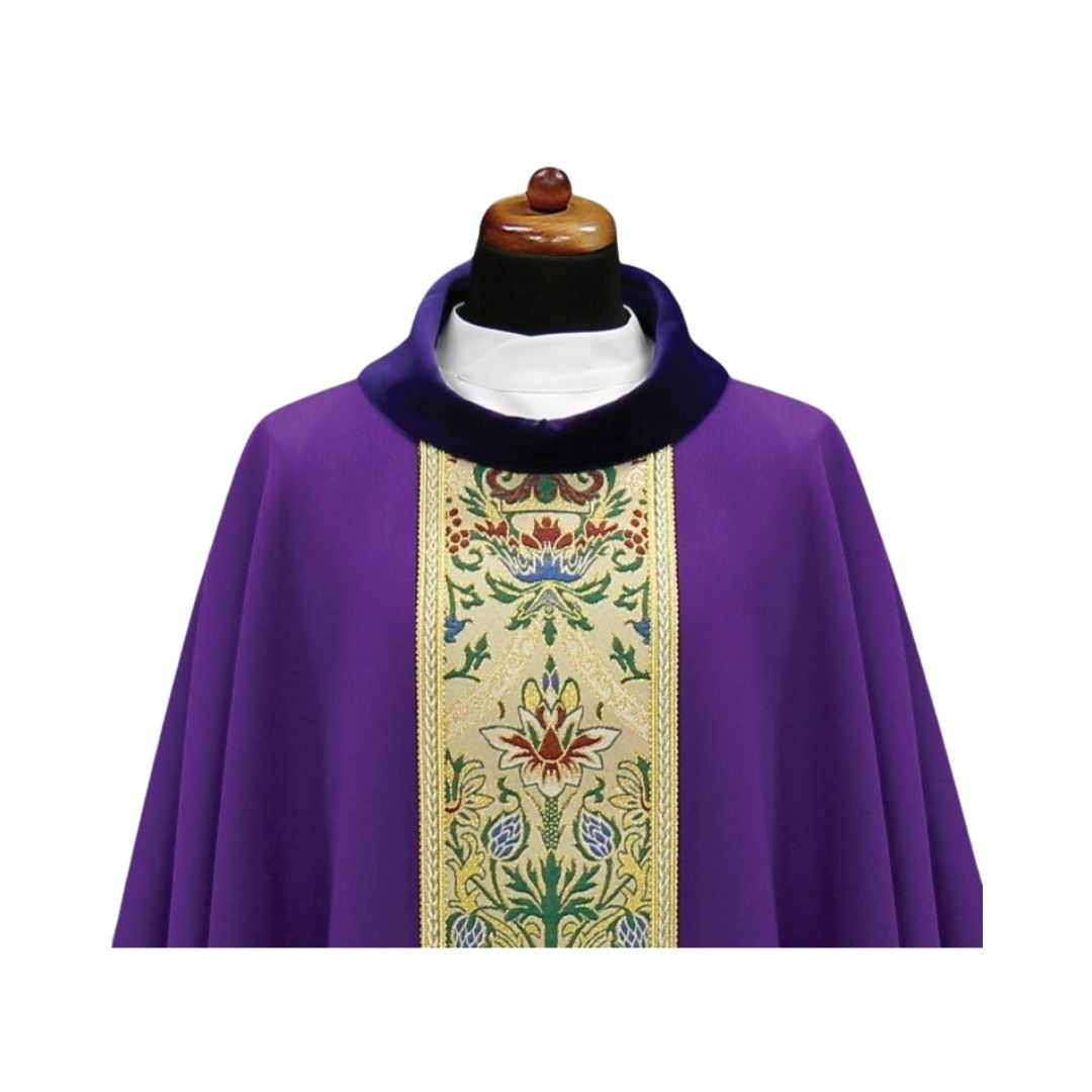 Chasuble with classic coronation orphrey. Made in Poland and sold by The Clergy Store