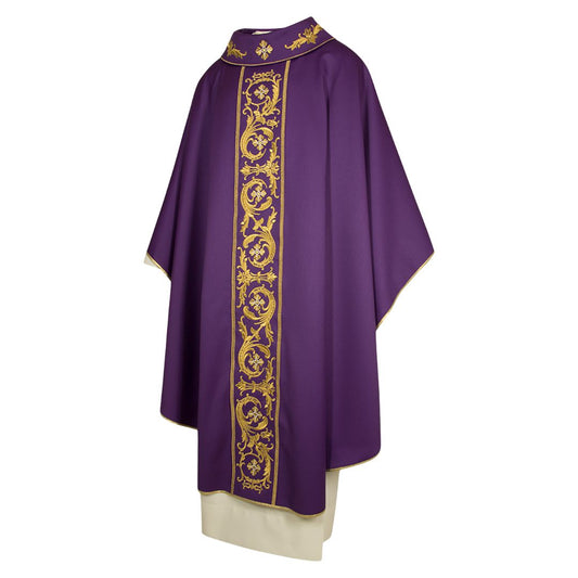 Gothic chasuble with gold thread filigree orphrey made in Italy and sold by The Clergy Store