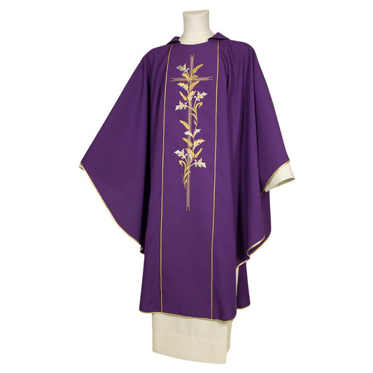 Gothic chasuble purple with wheat stalk and cross made in Italy and sold by The Clergy Store
