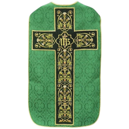Green damask roman chasuble and gold filigree embroidery on a green velvet background lined in soft satin.