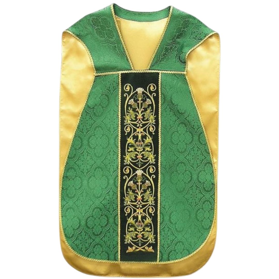 Green damask roman chasuble and gold filigree embroidery on a green velvet background lined in soft satin.