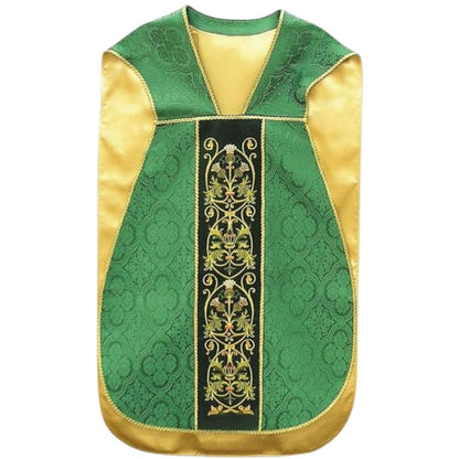 Green damask roman chasuble and gold filigree embroidery on a green velvet background lined in soft satin.