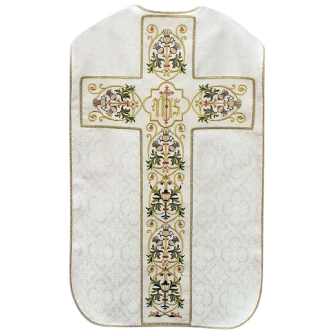 Ivory damask roman chasuble and gold filigree embroidery on a ivory velvet background lined in soft satin.
