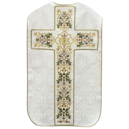 Ivory damask roman chasuble and gold filigree embroidery on a ivory velvet background lined in soft satin.