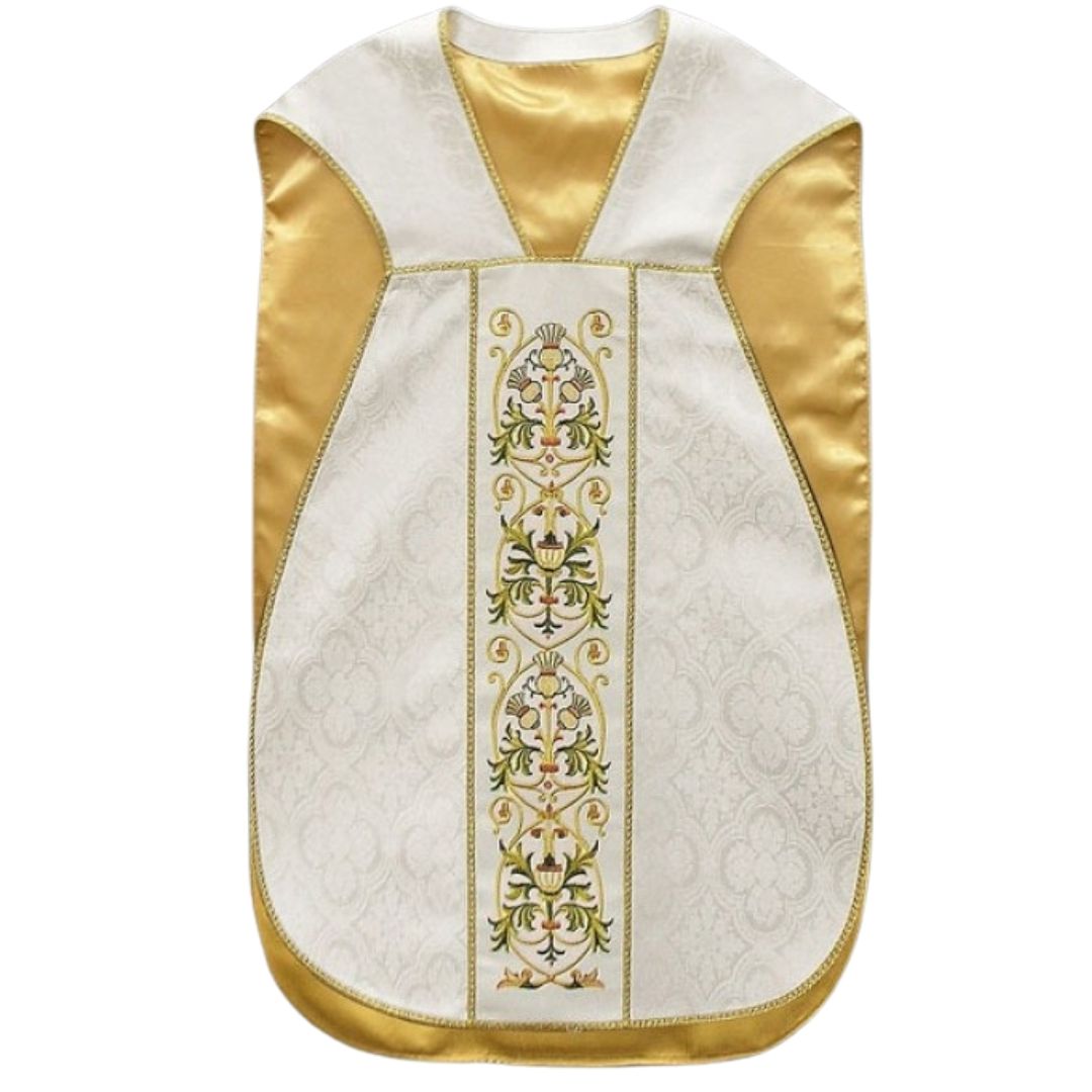 Ivory damask roman chasuble and gold filigree embroidery on a ivory velvet background lined in soft satin.