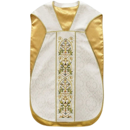 Ivory damask roman chasuble and gold filigree embroidery on a ivory velvet background lined in soft satin.