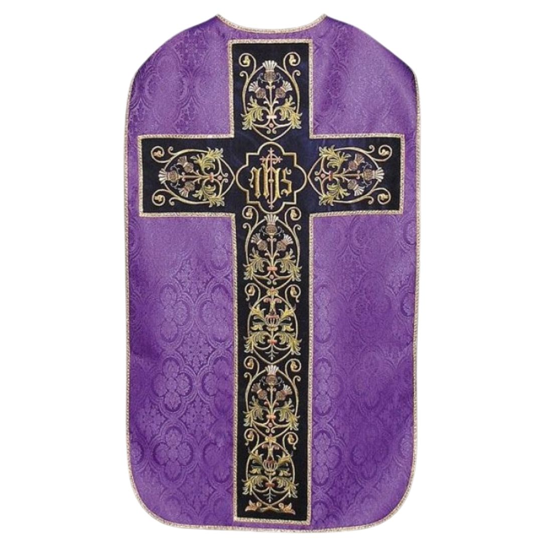 Purple damask liturgical roman vestment with gold embroidery on a velvet panel background
