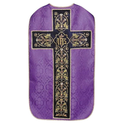 Purple damask liturgical roman vestment with gold embroidery on a velvet panel background
