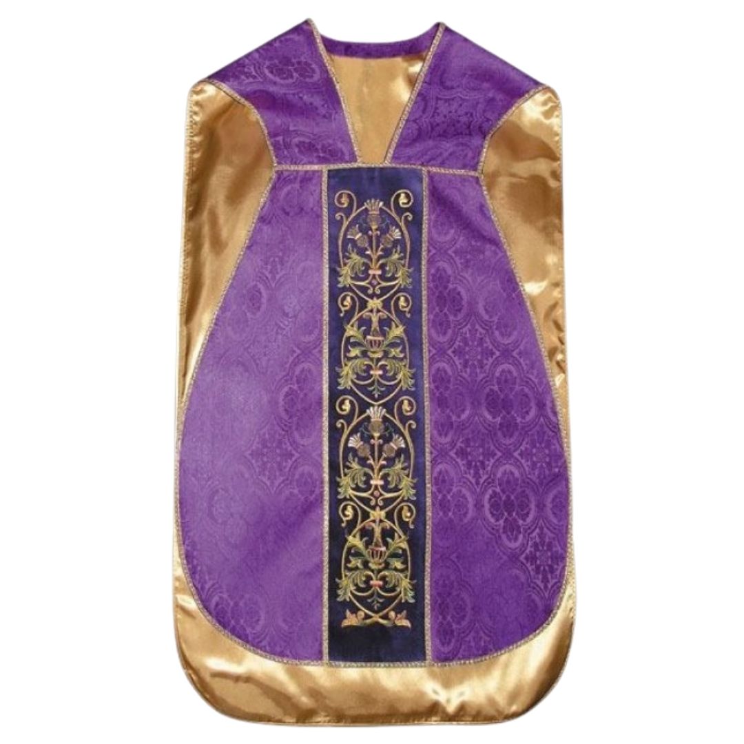 Purple damask roman chasuble and gold filigree embroidery on a purple velvet background lined in soft satin.