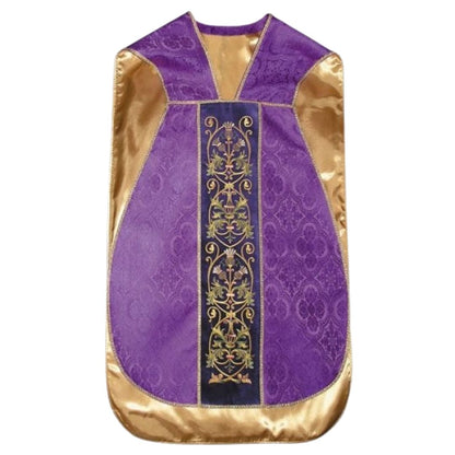 Purple damask roman chasuble and gold filigree embroidery on a purple velvet background lined in soft satin.