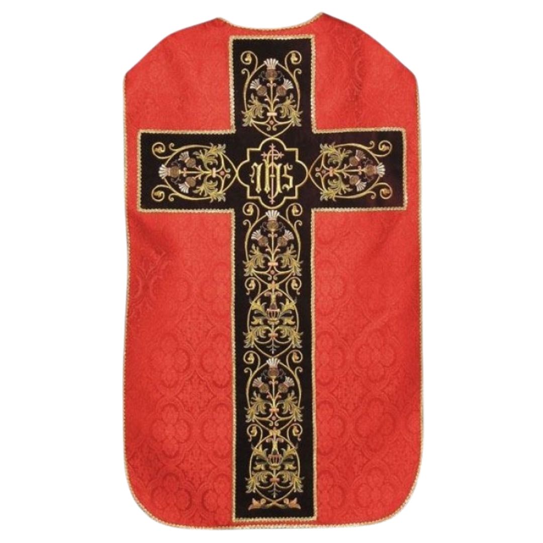 Red damask roman chasuble and gold filigree embroidery on a red velvet background lined in soft satin.