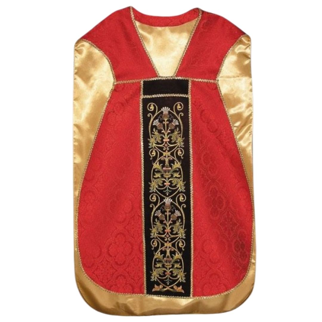 Red damask roman chasuble and gold filigree embroidery on a red velvet background lined in soft satin.