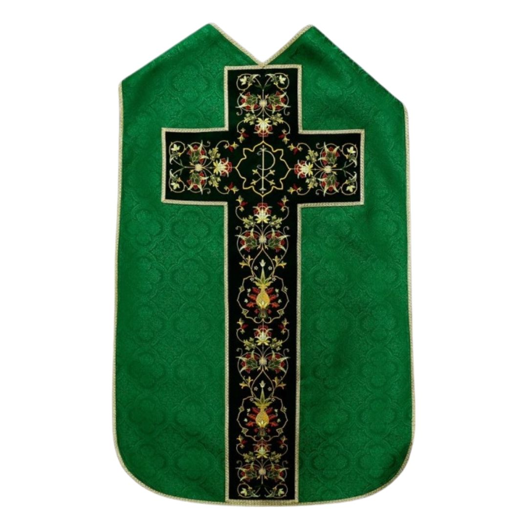 Roman chasuble green damask with Chi Rho embroidery on velvet panels and with satin lining.