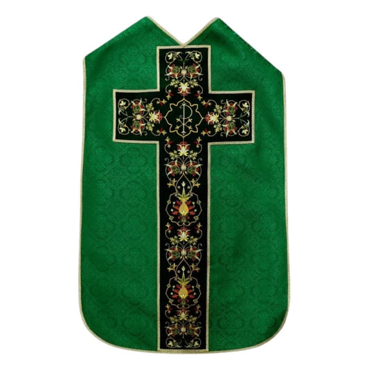 Roman chasuble green damask with Chi Rho embroidery on velvet panels and with satin lining.