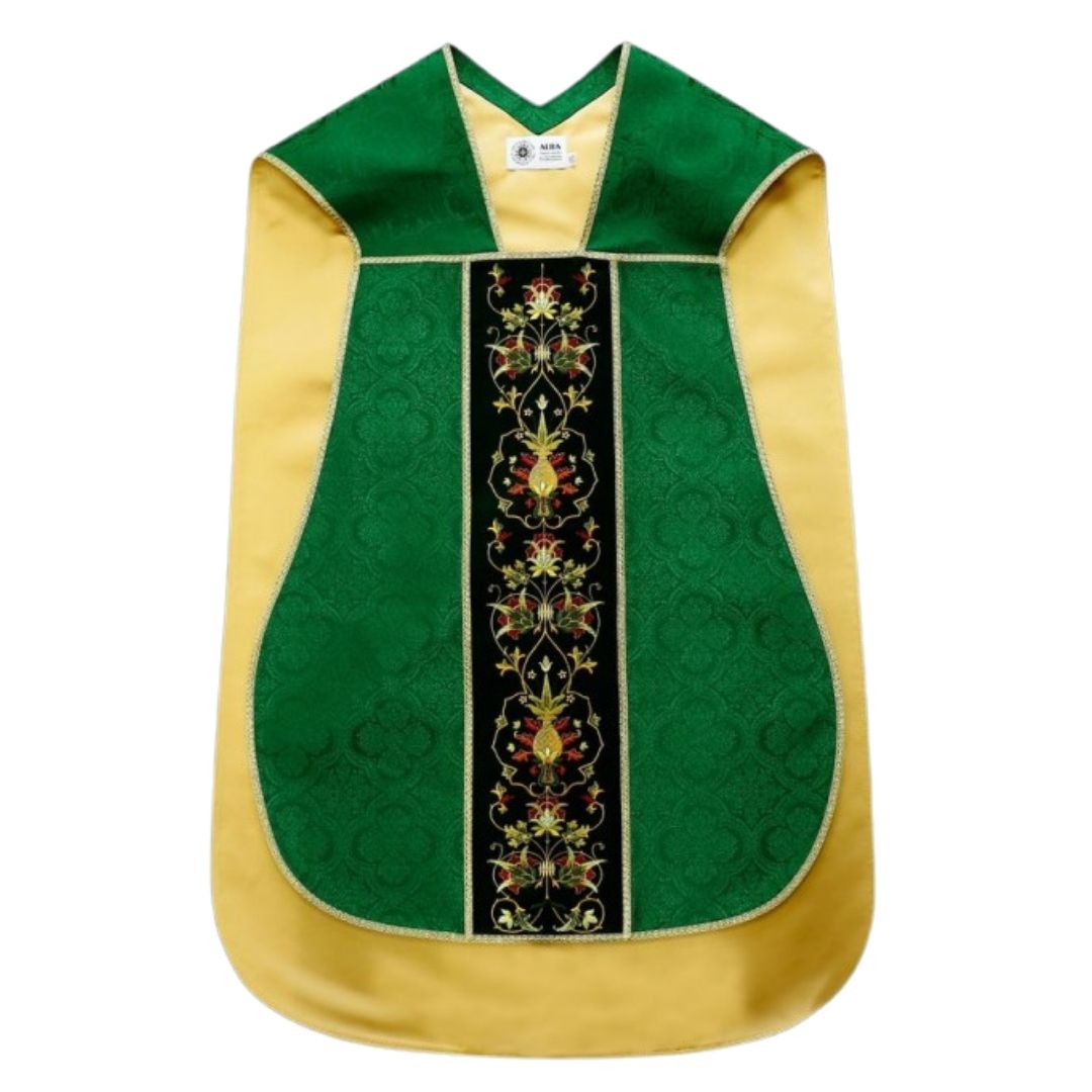 Roman chasuble green damask with Chi Rho embroidery on velvet panels and with satin lining.