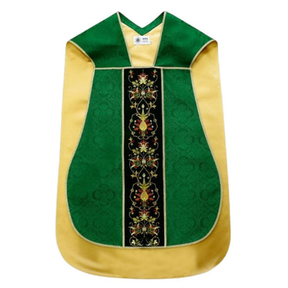 Roman chasuble green damask with Chi Rho embroidery on velvet panels and with satin lining.