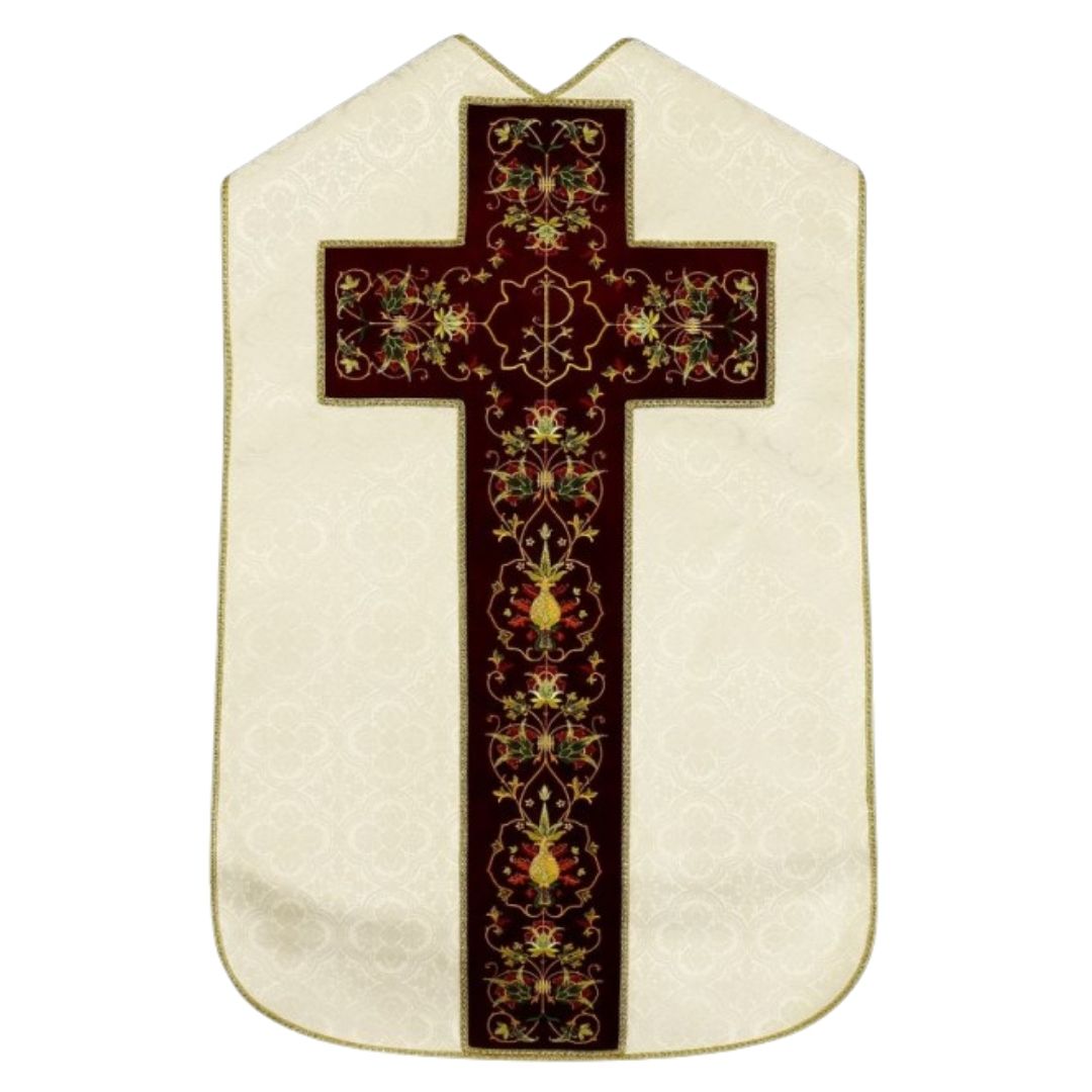 Roman chasuble ivory damask with Chi Rho embroidery on velvet panels and with satin lining.