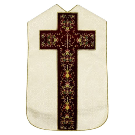 Roman chasuble ivory damask with Chi Rho embroidery on velvet panels and with satin lining.