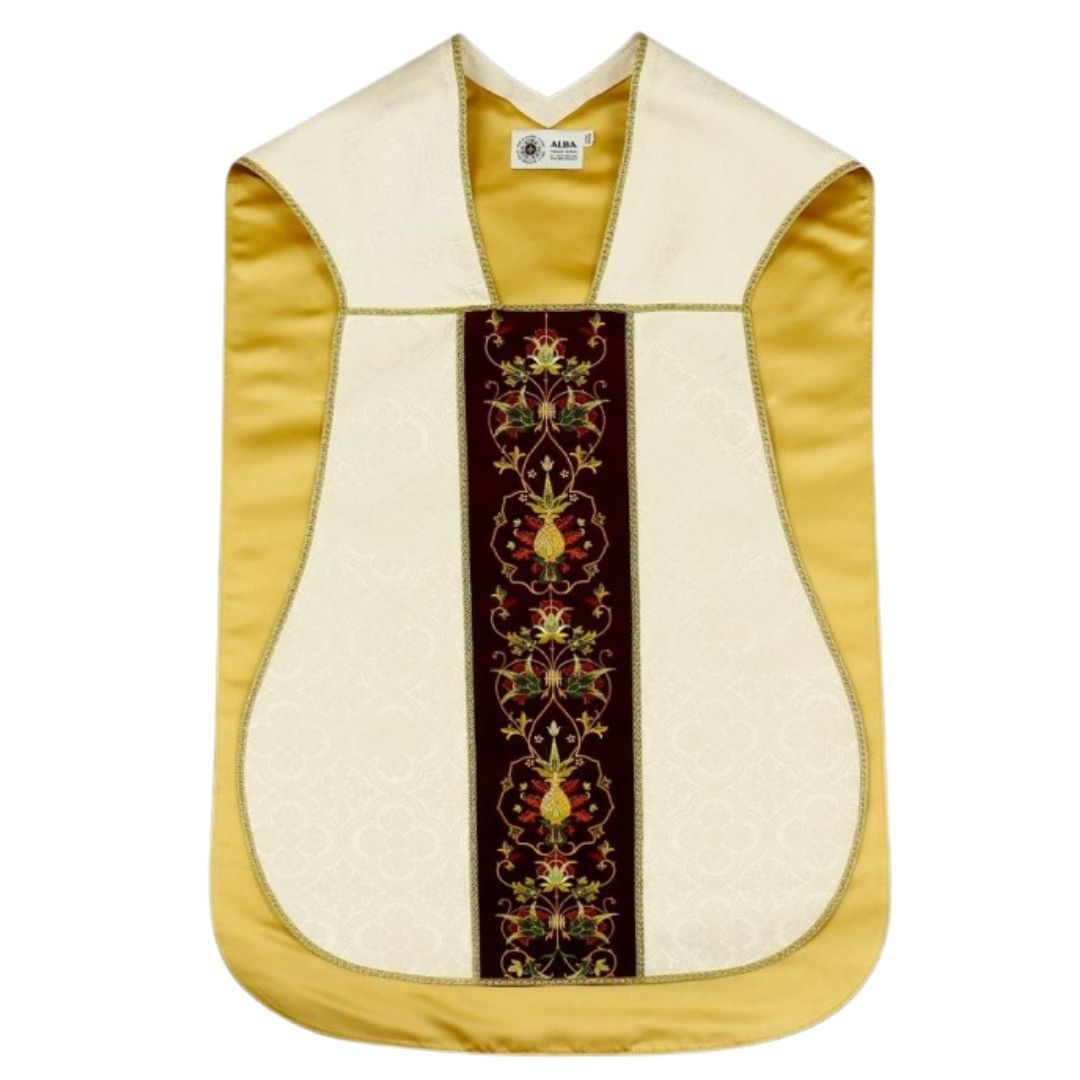 Roman chasuble ivory damask with Chi Rho embroidery on velvet panels and with satin lining.