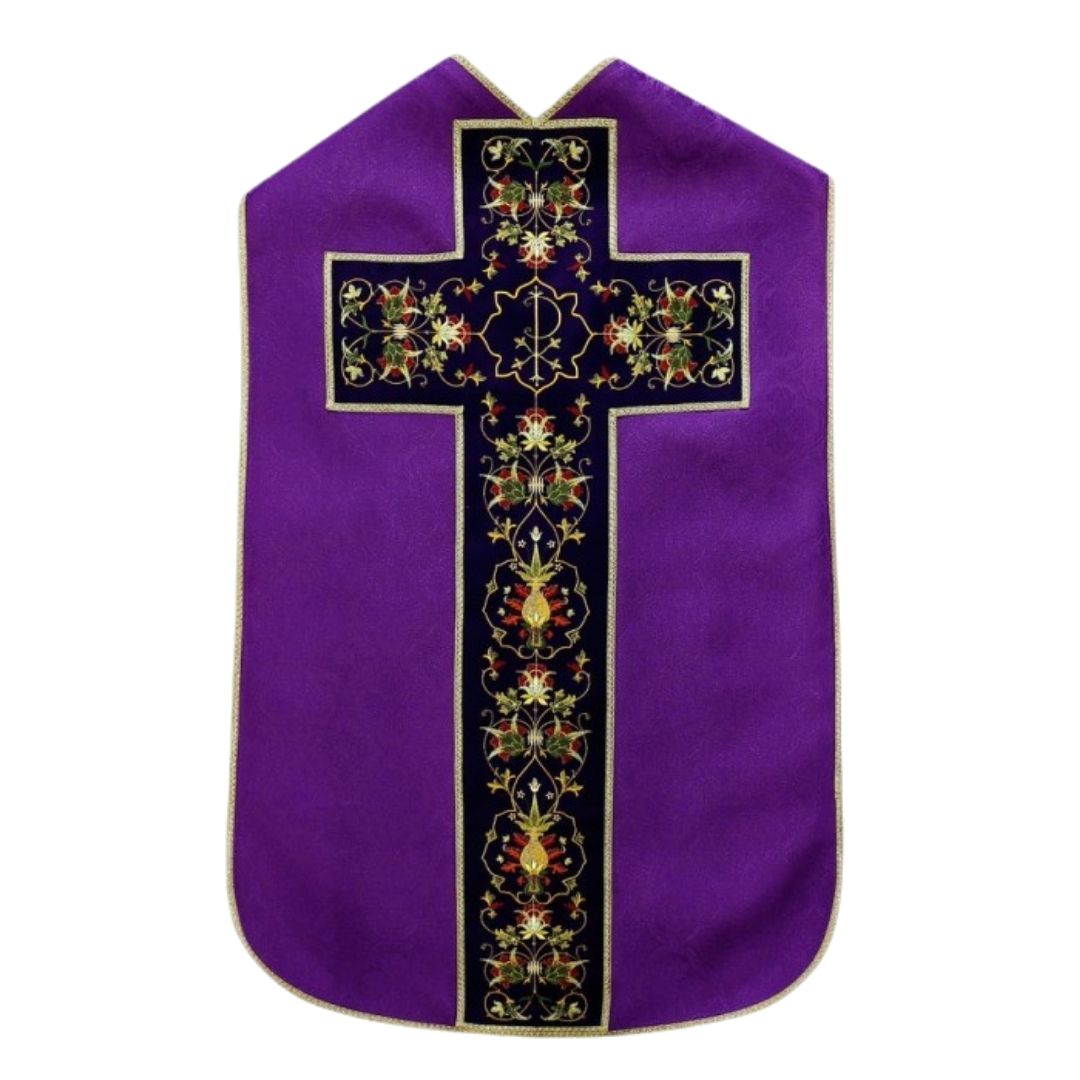 Roman chasuble purple damask with Chi Rho embroidery on velvet panels and with satin lining.