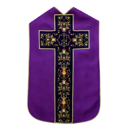 Roman chasuble purple damask with Chi Rho embroidery on velvet panels and with satin lining.