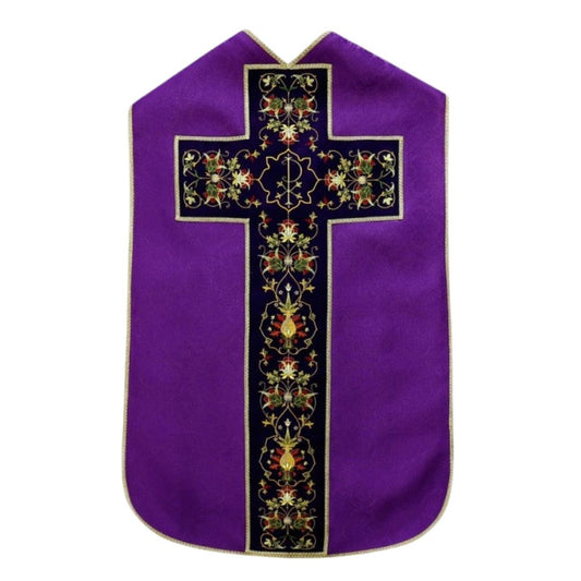 Roman chasuble purple damask with Chi Rho embroidery on velvet panels and with satin lining.