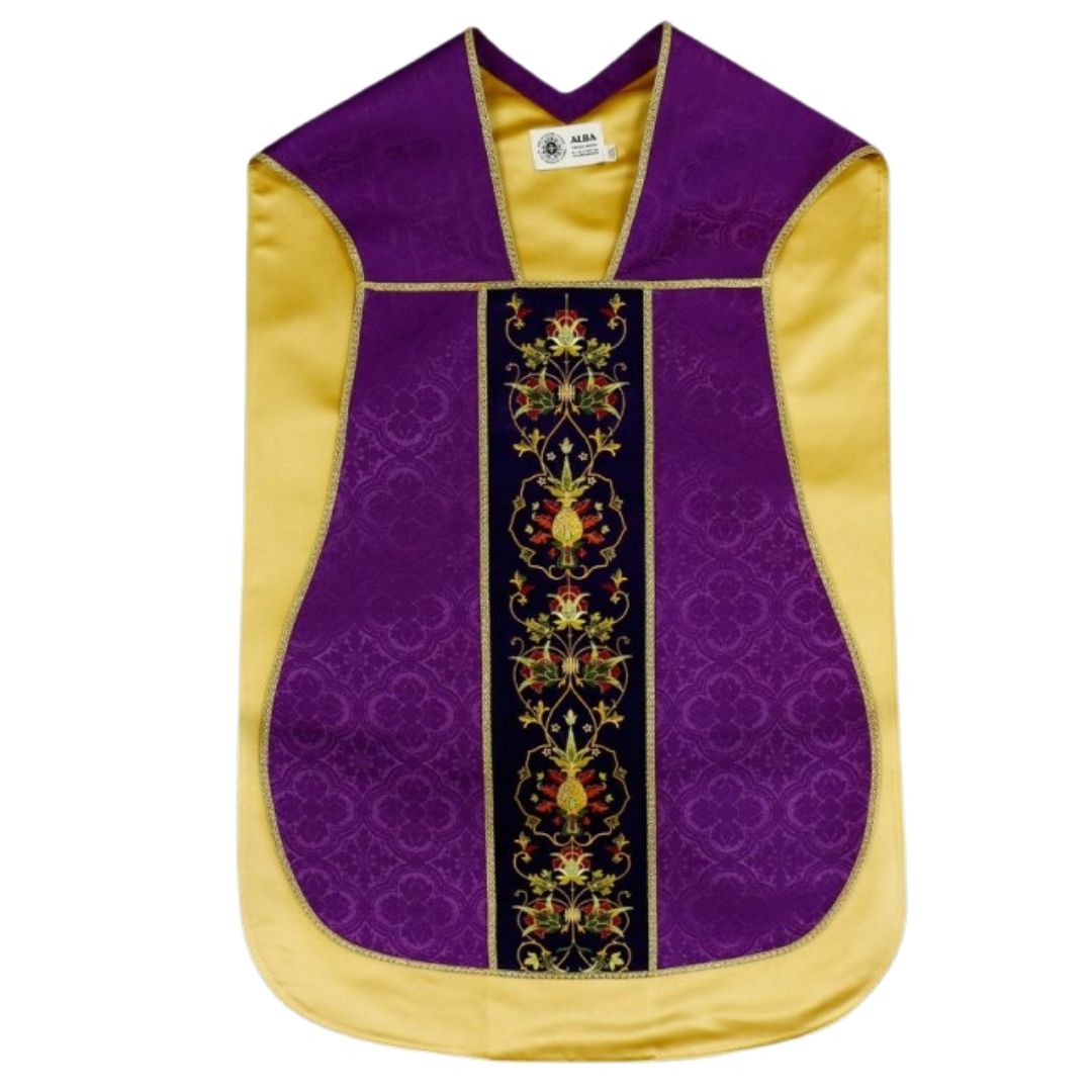 Roman chasuble purple damask with Chi Rho embroidery on velvet panels and with satin lining.