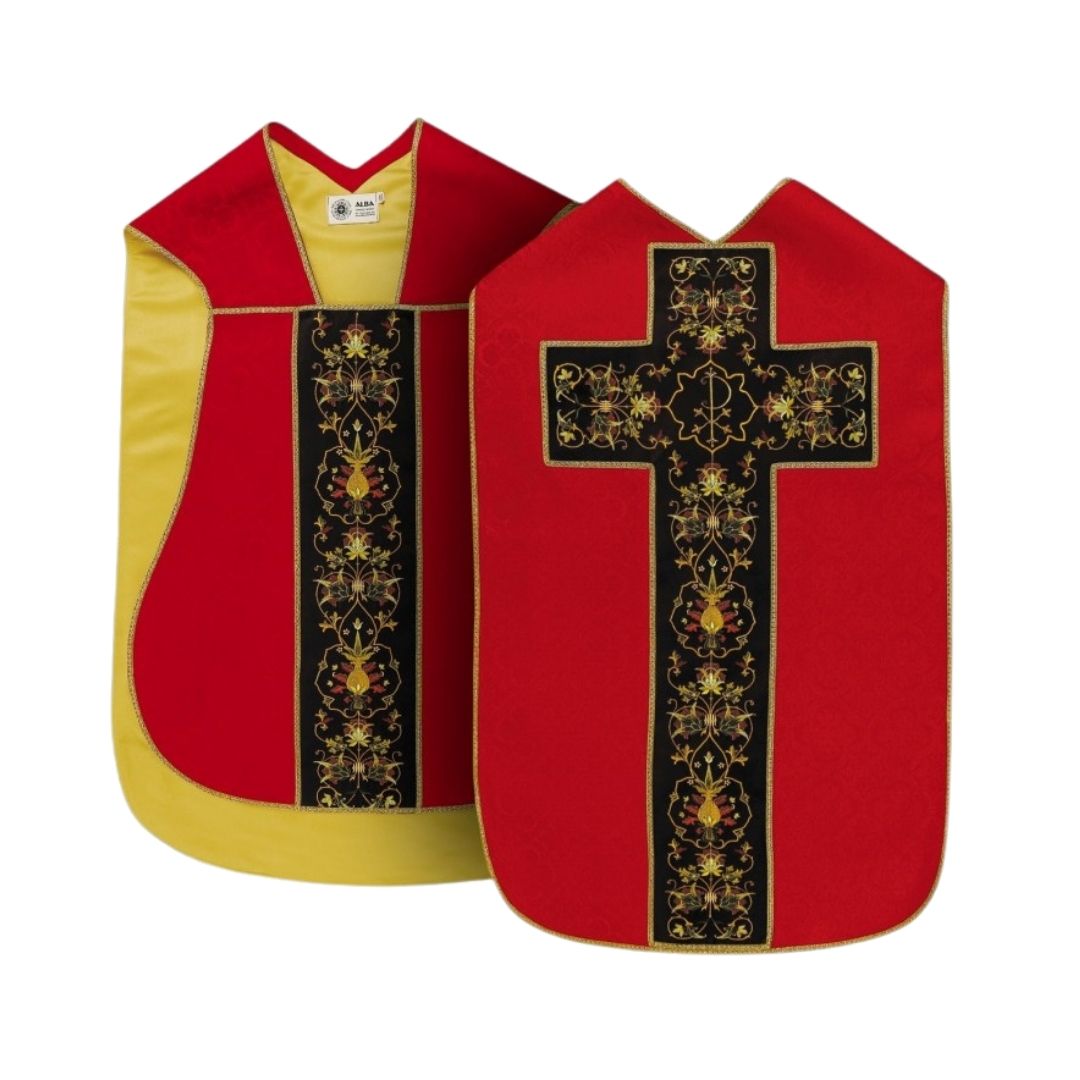 Roman chasuble red damask with Chi Rho embroidery on velvet panels and with satin lining.