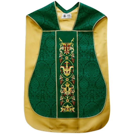 Roman chasuble green damask with baroque embroidery on velvet panels. Lined with satin