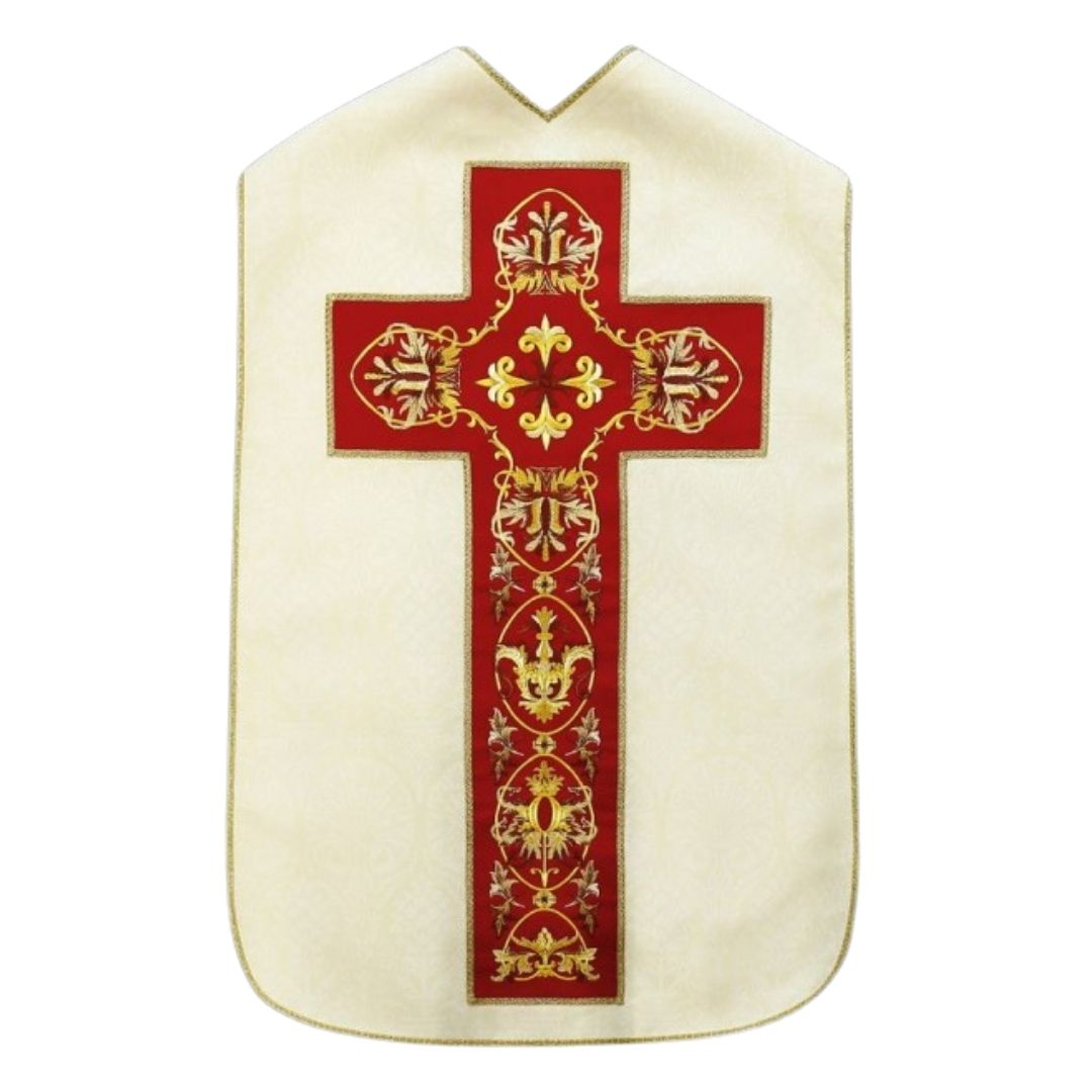 Roman chasuble ivory damask with baroque embroidery on velvet panels. Lined with satin.