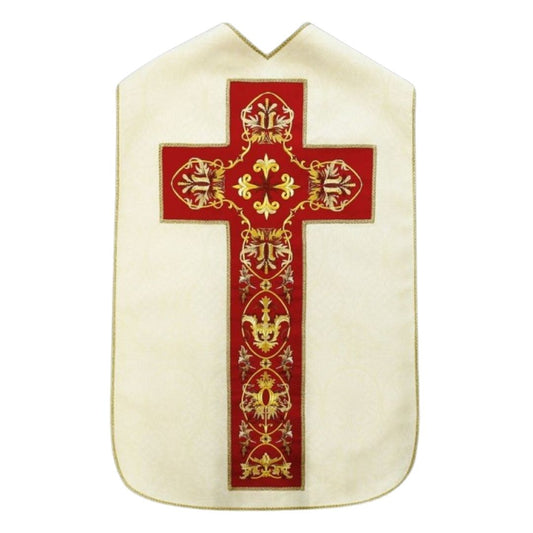 Roman chasuble ivory damask with baroque embroidery on velvet panels. Lined with satin.