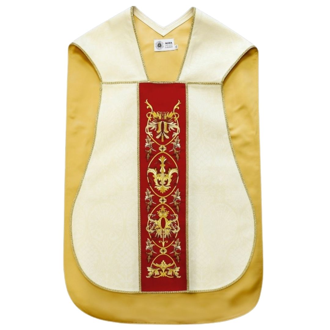 Roman chasuble ivory damask with baroque embroidery on velvet panels. Lined with satin