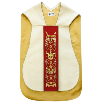 Roman chasuble ivory damask with baroque embroidery on velvet panels. Lined with satin