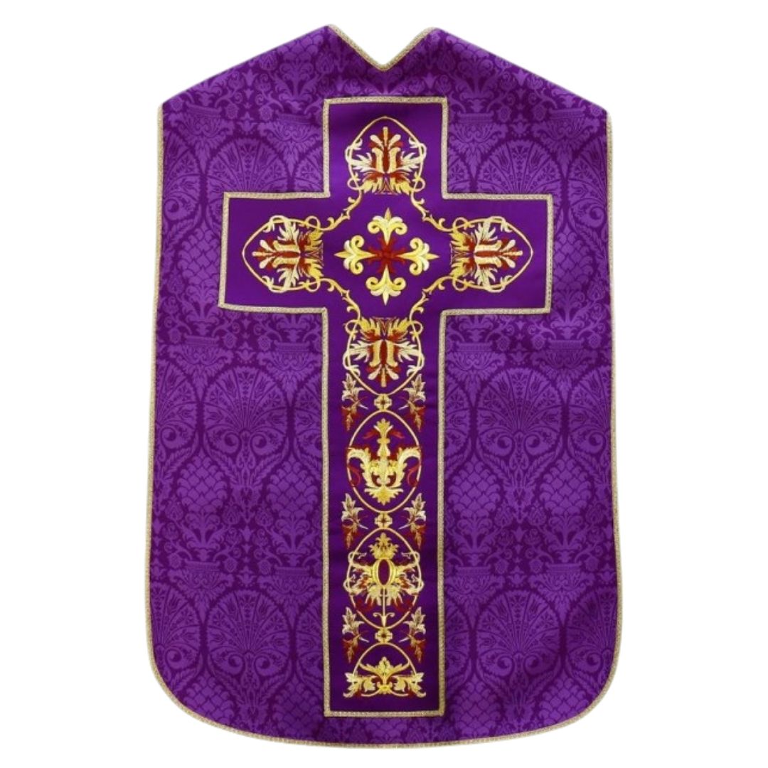 Roman chasuble purple damask with baroque embroidery on velvet panels. Lined with satin