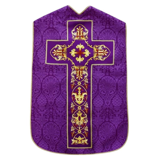 Roman chasuble purple damask with baroque embroidery on velvet panels. Lined with satin