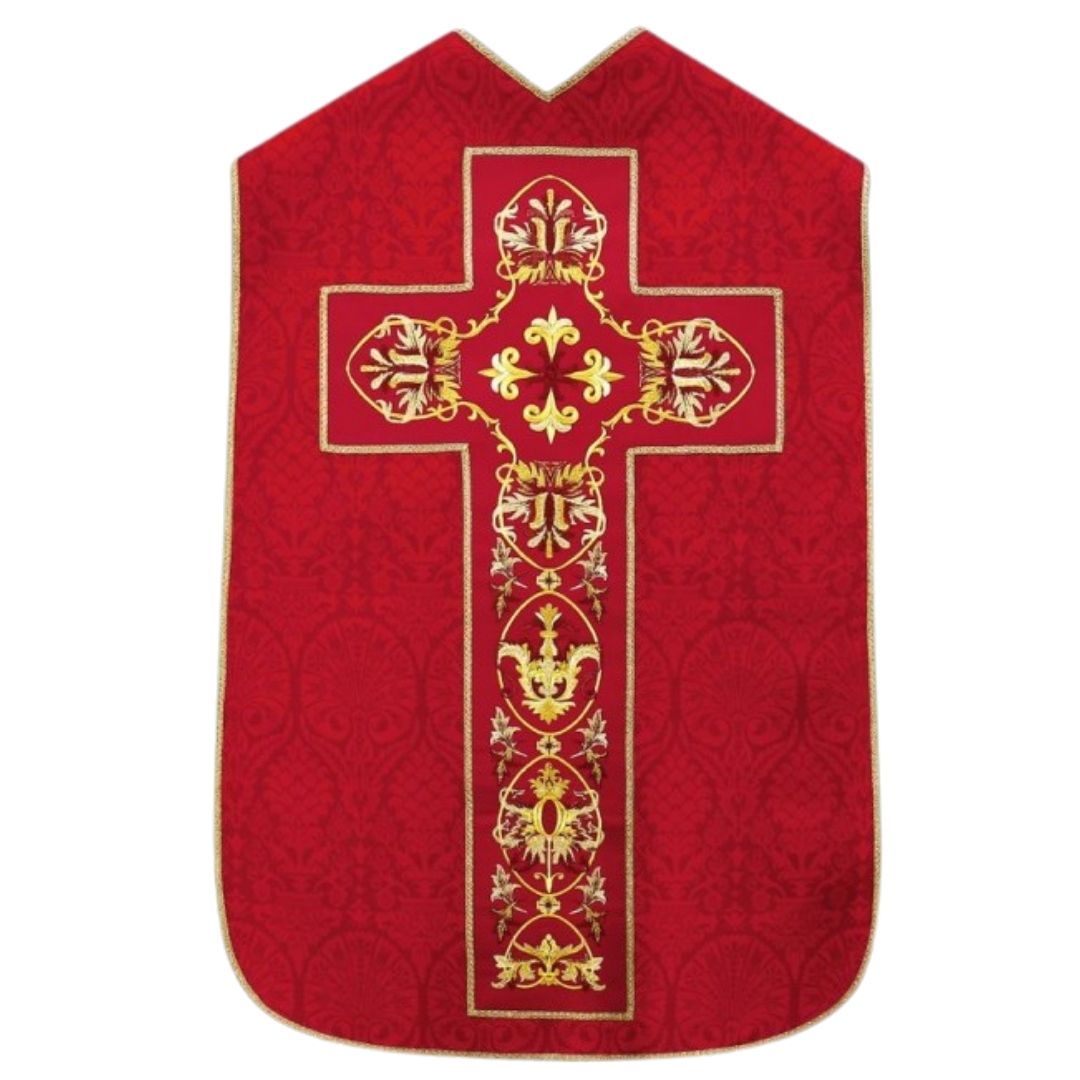 Roman chasuble red damask with baroque embroidery on velvet panels. Lined with satin