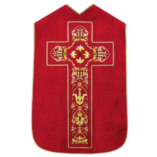 Roman chasuble red damask with baroque embroidery on velvet panels. Lined with satin