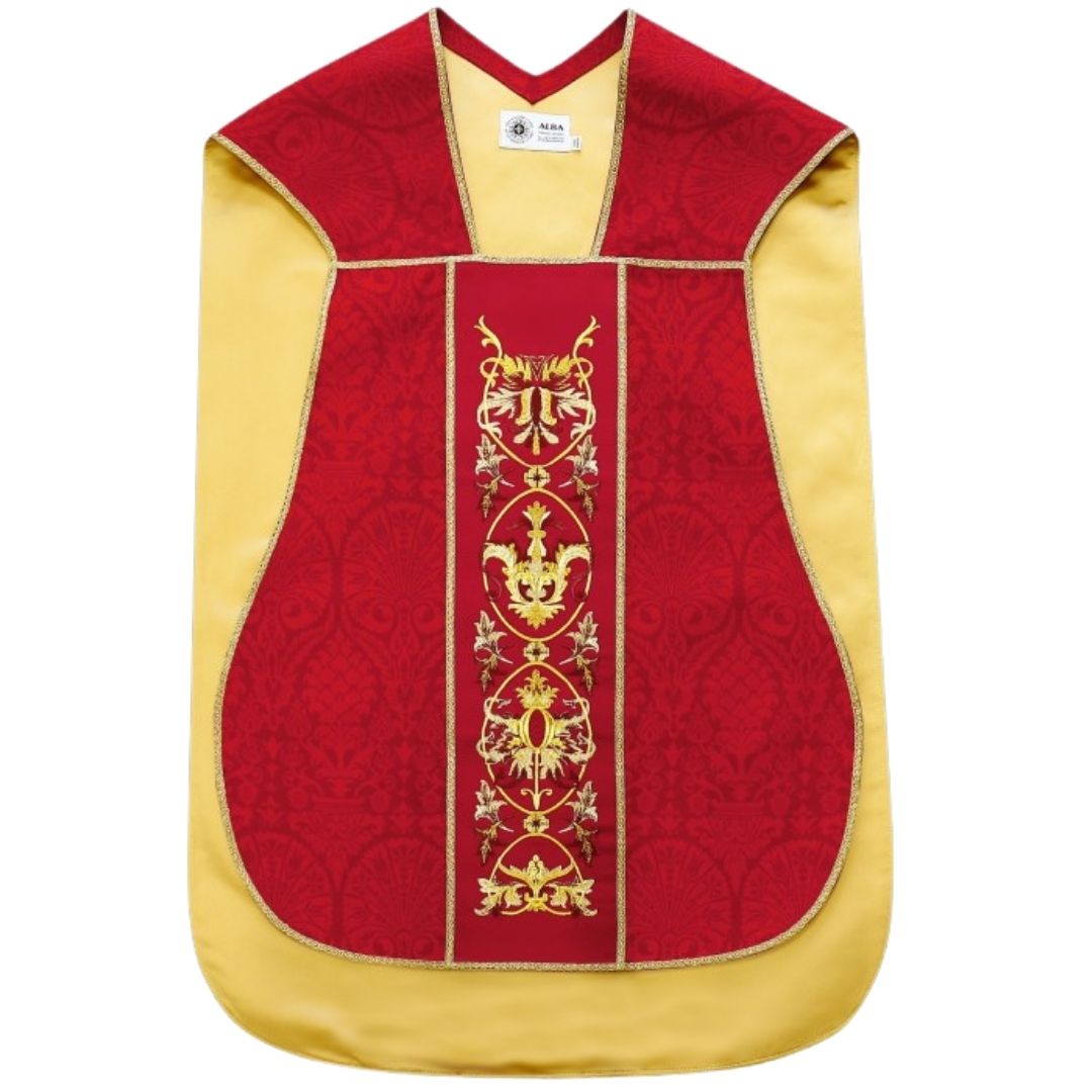 Roman chasuble red damask with baroque embroidery on velvet panels. Lined with satin